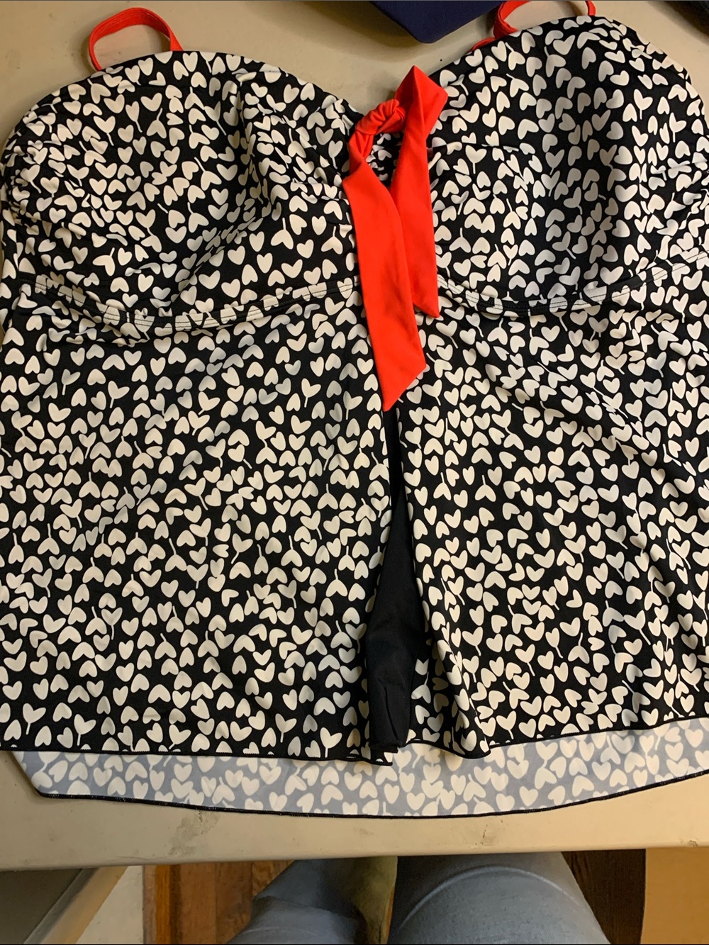 Black & White Heart Print Swim Tankini with Red Accent